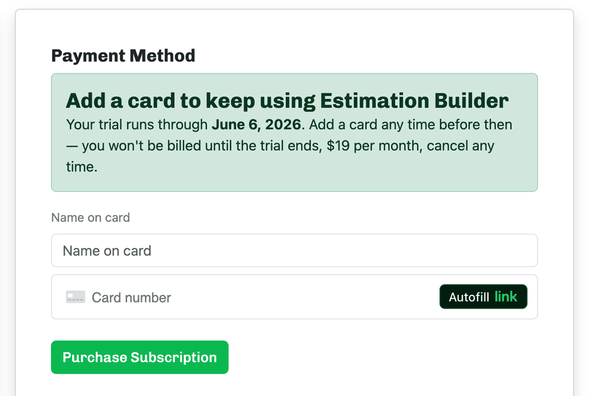 The Payment Method section during a trial: the Name on card and card number fields with the Purchase Subscription button.