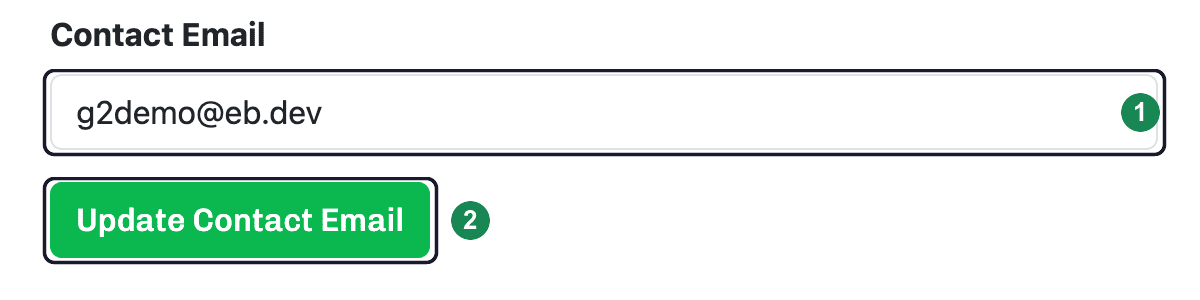 The Update Profile section with the Contact Email field and the Update Contact Email button, each numbered.