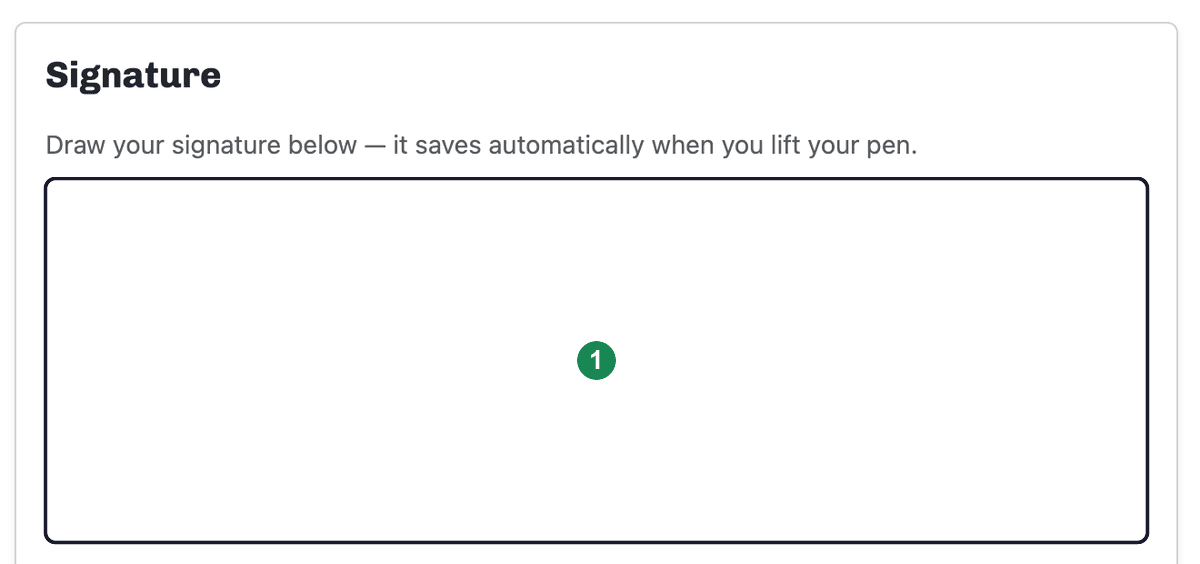 The Signature card with a blank drawing box and the prompt to draw your signature, which saves automatically.
