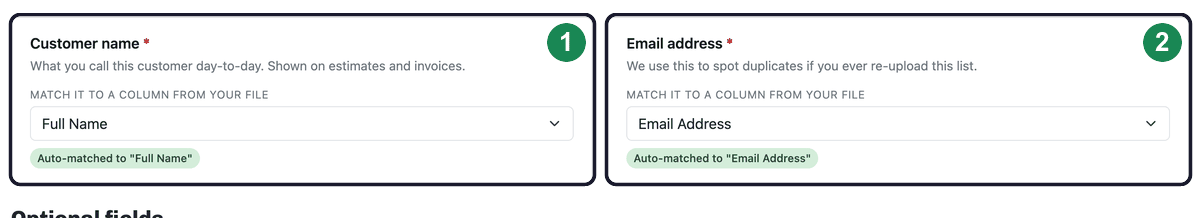 The Match your data step with the two required fields, Customer name and Email address, each auto-matched to a column and numbered.