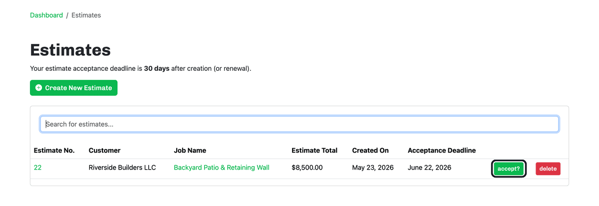 The Estimates list with the accept button highlighted on an estimate's row.