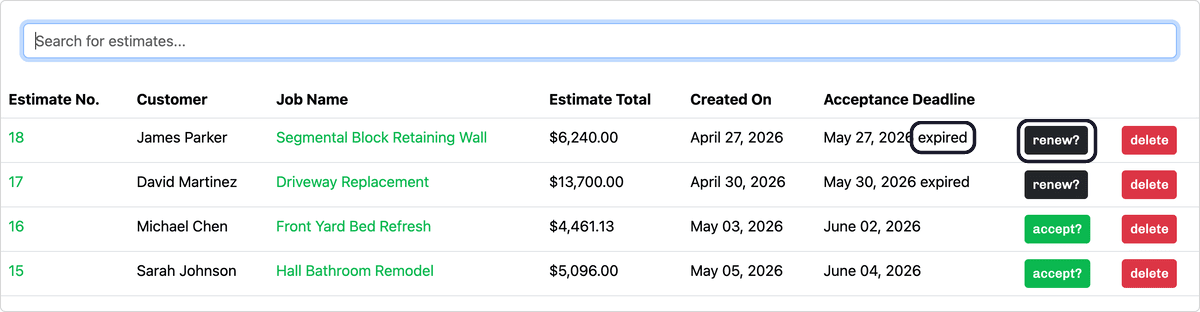 The Estimates list showing an expired estimate with an 'expired' label and a 'renew?' button in place of 'accept?'.