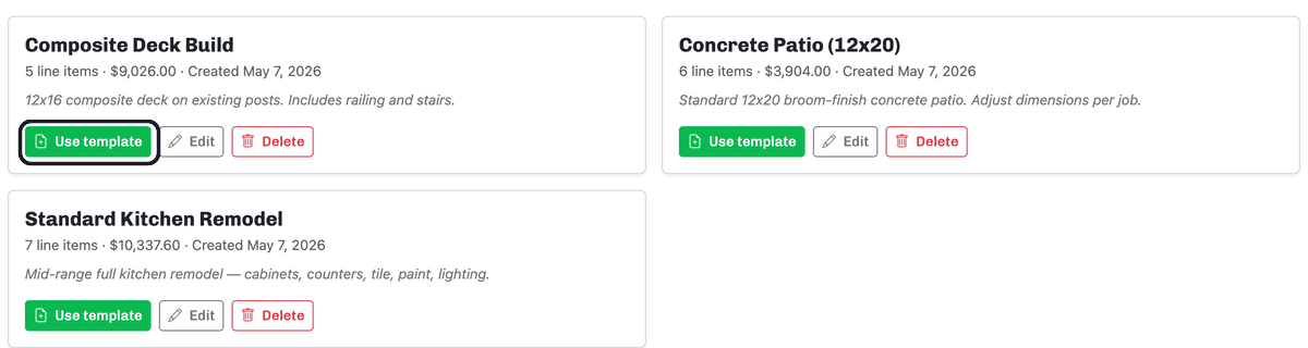The Templates page with template cards, each showing Use template, Edit, and Delete buttons; one Use template button is highlighted.