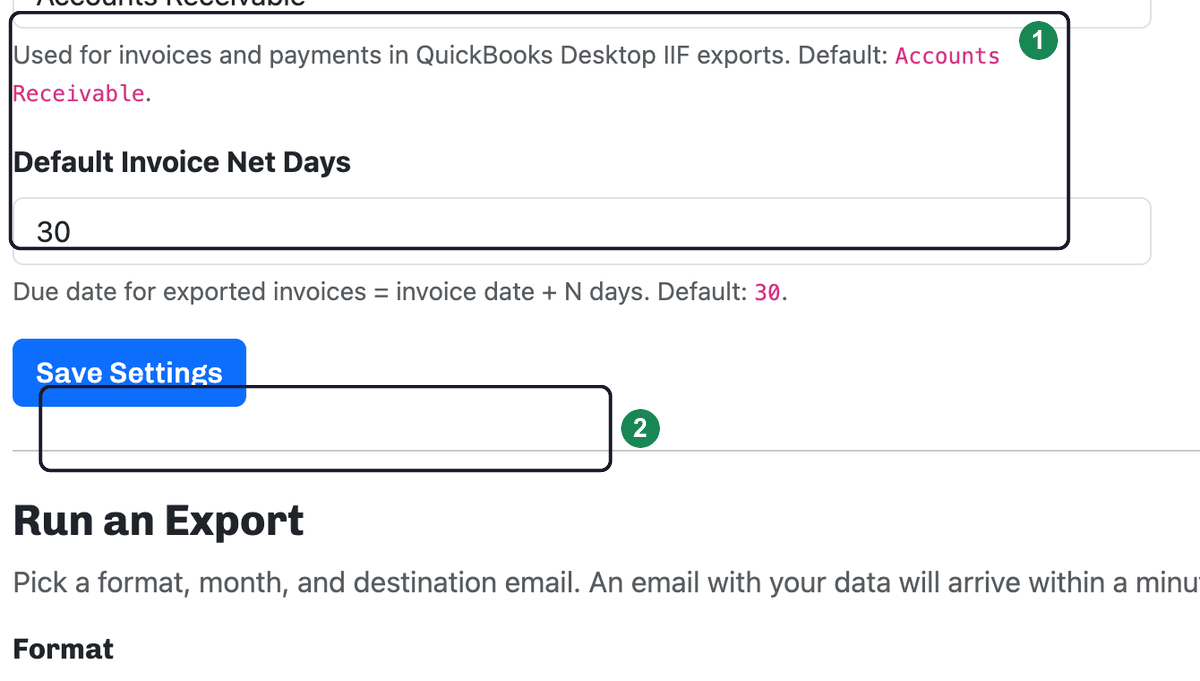 The Format options — QuickBooks Online (CSV files) and QuickBooks Desktop (IIF file) — with the Month selector, each numbered.