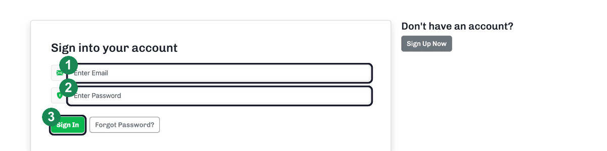 The login page with the email field, password field, and Sign In button highlighted and numbered.