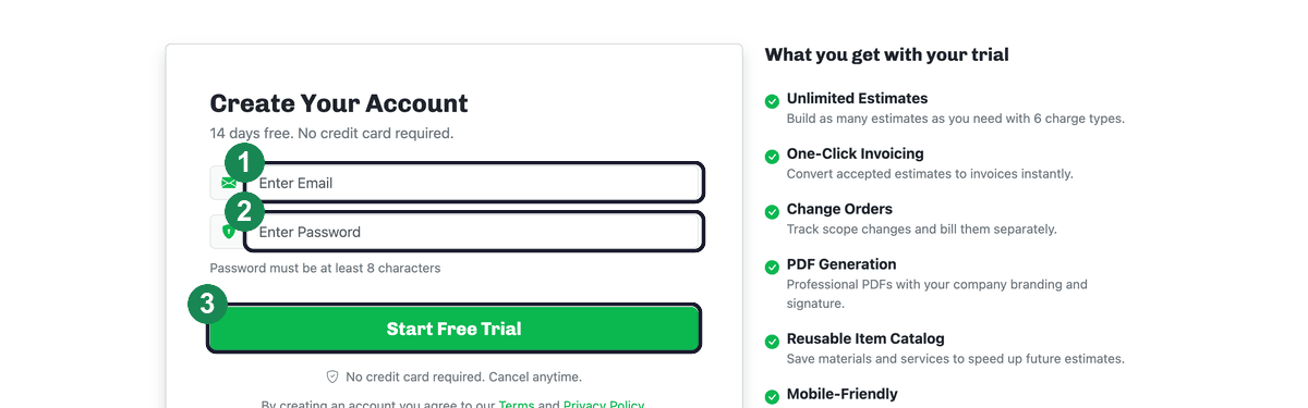 The signup page with the email field, password field, and Start Free Trial button highlighted and numbered.