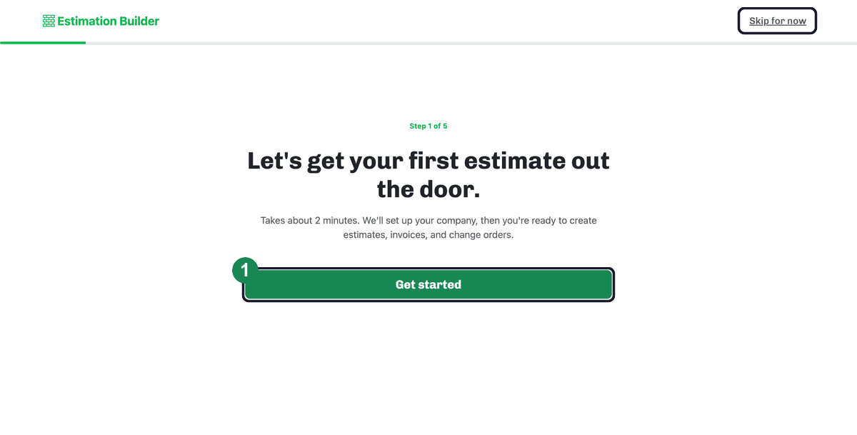Step 1 of the setup wizard, with the Get started button highlighted and the Skip for now button outlined.