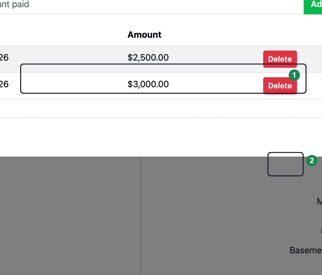 The Add Customer Payments window with the amount field and Add Payment button, and a recorded payment's Delete button, each numbered.
