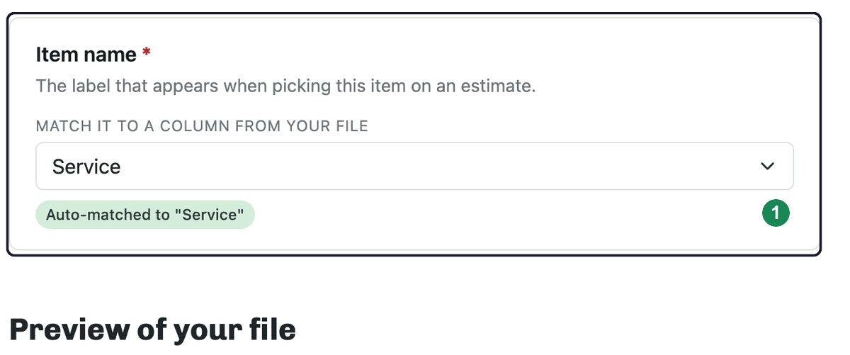 The item import match step with the single Item name field auto-matched to a column from the file.